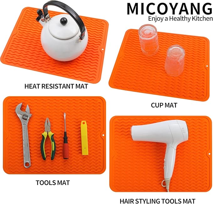MicoYang Silicone Dish Drying Mat for Multiple Usage,Easy clean,Eco-friendly,Heat-resistant Silicone Mat for Kitchen Counter or Sink,Refrigerator or drawer liner Orange L 16 inches x 12 inches