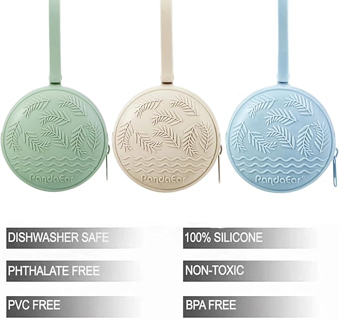 PandaEar 3 Pack Silicone Pacifier Holder Case, Portable Travel Pacifier Pouch for Newborns, BPA-Free Silicone Pacifier Storage Container for Boys & Girls (Green, Blue, Cream)