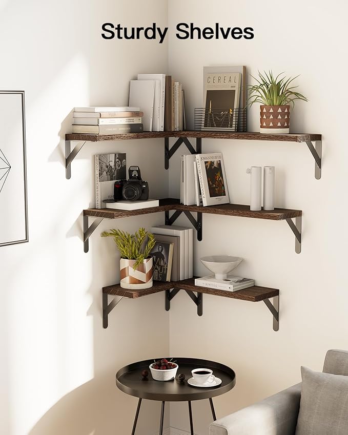 AMADA HOMEFURNISHING Wall Shelves Set of 6, Rustic Farmhouse Floating Shelves for Bedroom, Bathroom & Living Room, Brown