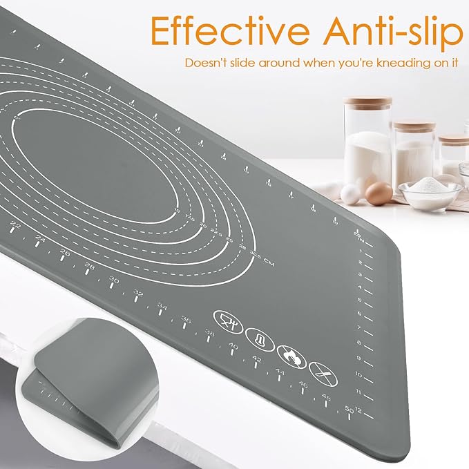 Silicone Pastry Mat 24" x 16" Baking Mat with Measurements and Edge Heightening, Thick Non-slip Food Grade Silicone Pad for Countertop Rolling Kneading Dough, Bread, Cookies,Pizza, Fondant,Dark Gray