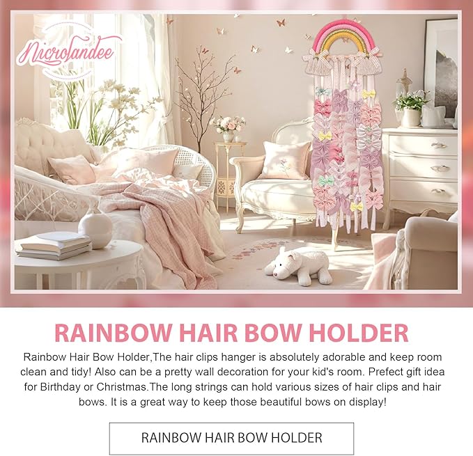 NICROLANDEE Rainbow Tassels Hair Bows Holder Hanging - Baby Hair Accessories Storage Bow Organizer Wall Hanger Decor for Baby Girls Wall Hanging Decor for Girls Room Ornament (Pink Yellow)