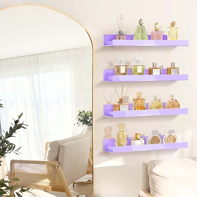 RORKIM 4 Pack 15 Inch Purple Acrylic Shelves, Kids Floating Bookshelf for Kids Room, Modern Nail Polish Rack Sunglasses Essential Oil Picture Ledge Display Toy Storage Wall Shelf