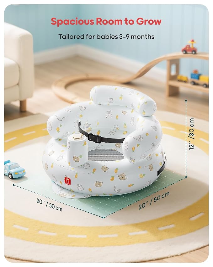 QPAU Inflatable Baby Seat with Safety Harness for Babies 3 Months & Up, Baby Floor Seats for Sitting Up, Baby Seats for Infants, Blow Up Baby Chair with Built in Air Pump (Rabbit and Bear)