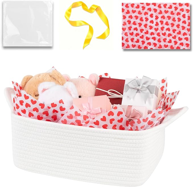 OIAHOMY Woven Basket, Gift Basket Empty with Gift Bags Ribbons and Wrap Tissue Paper, Rope Baskets for Baby Showers, Storage Baskets with Handles for Nursery, Pet Toy Organizer - Valentine's White