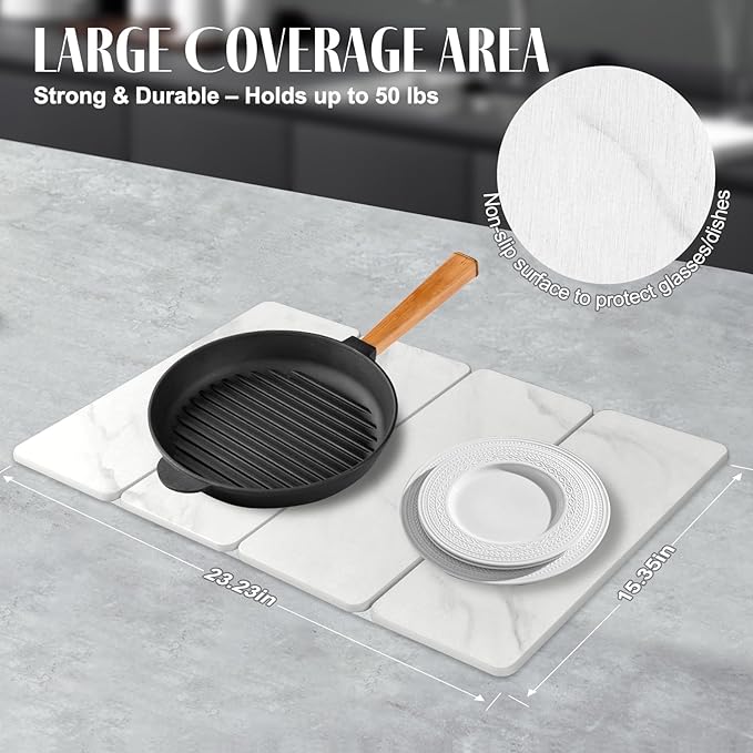 Large Stone Dish Drying Mats for Kitchen Counter, 24"(L)×16"(W) Marble Quick Dry Collapsible Dish Drying Mat, Eco-Friendly Absorbent Diatomaceous Earth Mats for Dishes Cups, Match Any Countertop