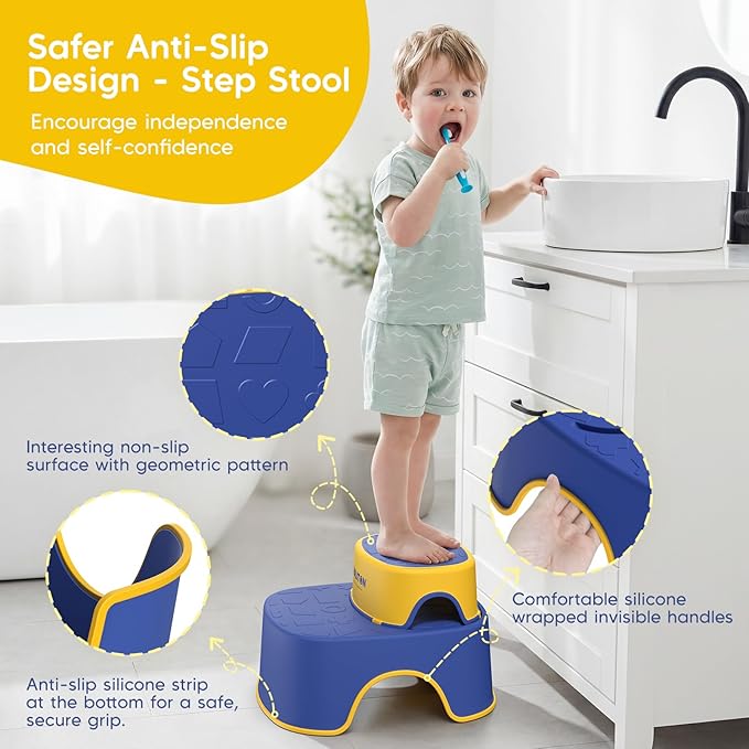 Maliton Potty Training Toilet Seat with Step Stool Ladder for Kids, Toddler Toilet Seat with Anti-Slip Stool for Boys Girls, Toddler Step Stool Set (Blue&Yellow)