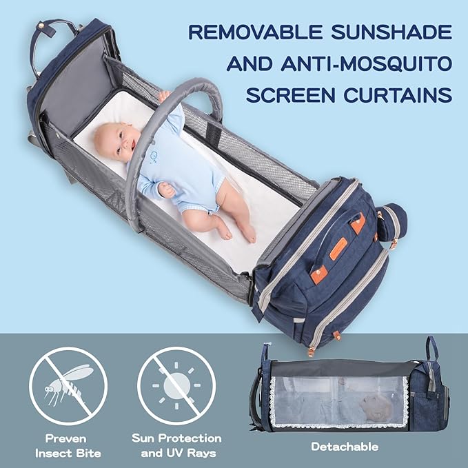 JOYCE Baby Diaper Bag Backpack, with Diaper Changing Station, Multi-functional Travel Waterproof Backpack, for Baby Boys and Girls, with Foldable Portable Diaper Pad and Sunshade (Large Blue)
