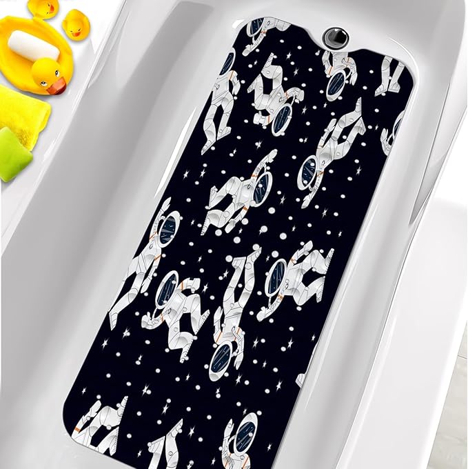 KINUUIS Bathtub Mats for Kids, Black Astronaut Bath Mat for Tub Non Slip, 40 X 16 Inch Large Washable Bathtub Mat Non Slip for Showers with Drain Holes and Suction Cups