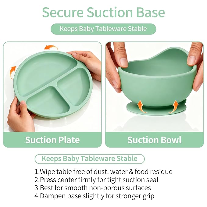 16 Pack Silicone Baby Feeding Set, BPA-Free Baby LED Weaning Supplies, Include Suction Plates, Baby Bowls, Silicone Fork & Spoon, First Stage Baby Food Eating Utensils - 6+ Months (Dark Green, 16)