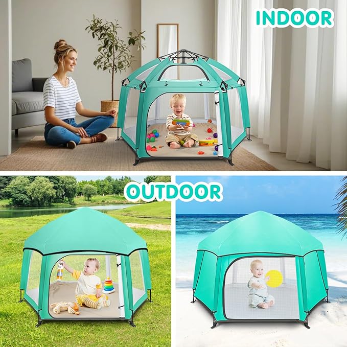 Zooawa Pop Up Playpen for Baby, Portable Play Yard for Babies and Toddlers with Removable Sun-Shades& 2 Side UV Covers, Lightweight Outdoor Baby Playpen with Travel Bag,Beach,Home, Mint Green