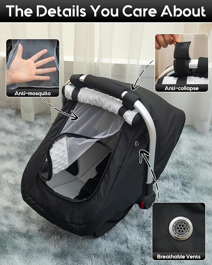 Waterproof Baby Car Seat Cover, Warm Carseat Cover for Cold Weather, Infant Car Seat Canopy with 2 Breathable Vents, 3D Mink Dot Baby Carrier Cover for Boys & Girls
