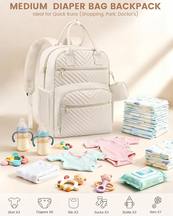 Pritent Diaper Bag Backpack,Baby Essentials Diapers Bag with Pacifier Case,Multipurpose Stylish Large Capacity Travel Backpack for Baby Girl/Boy(M-Beige)