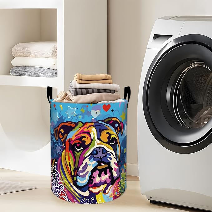 Colorful Bulldog Stars Hearts Laundry Basket with Handles, 19.7"x15.7" Clothes Foldable Laundry Hamper Organizer for Dorm Nursery Bedroom Bathroom Decor, Toy Storage Bin for Kids