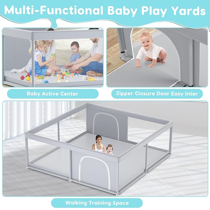 Fshibila 79" ×79" Extra Large Baby Playpen, Baby Playard for Babies and Toddlers, BabyFence Play Pens for Indoor & Outdoor, Sturdy Safety Play Yard with Soft Breathable Mesh, Anti-Fall, Grey