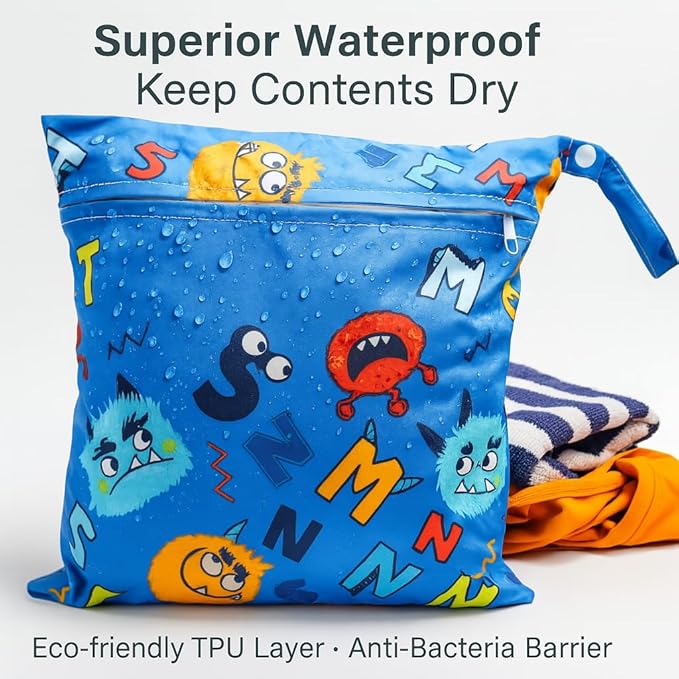 FANALALA Waterproof Wet Dry Bag, Reusable Diaper Pouch with Zipper, Machine Washable Travel Organizer for Beach, Daycare, Kids, Dinosaur Pattern (Blue Monster)