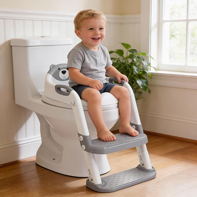 Potty Training Seat ，SKYROKU Potty Training Toilet with Step Stool Ladder, for Kids Boys Girls Toddlers - Comfortable Safe Potty Seat with Anti-Slip Pads Ladder (8838+Grey)