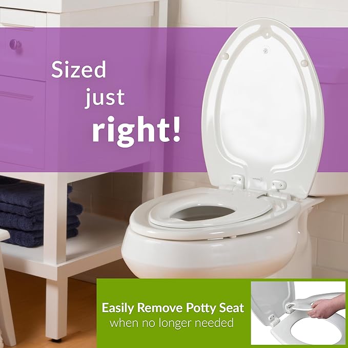 Mayfair NextStep2 Toilet Seat with Built-In Potty Training Seat, Slow-Close, Removable that will Never Loosen, Round, White, 2-Pack