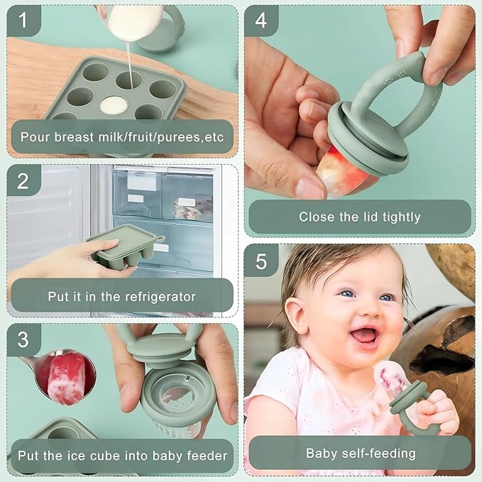 Baby Fruit Food Feeder Breastmilk Popsicle Molds, Silicone Food Freezer Tray for Cooling Teething Relief, Baby Food Feeder for Safe Infant Self Feeding, Includes 3 Extra Food Pacifier