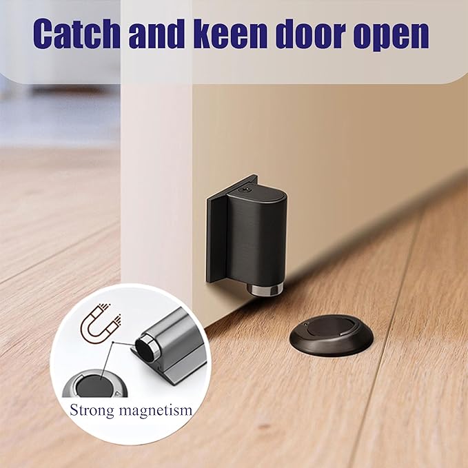 Magnetic Door Stopper No Drilling Height Adhesive Heavy Duty Magnet Doorstop Wedge Stop Catch Bottom Holder to Keep Doors Open (Brushed Nickel)