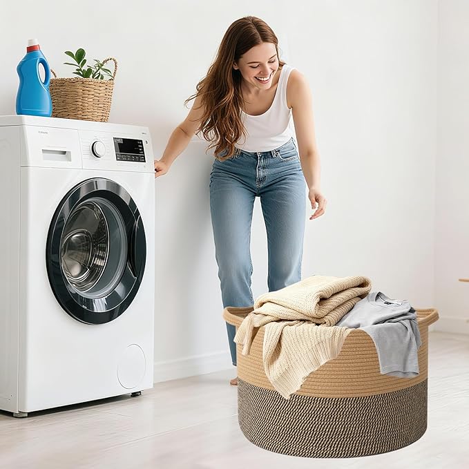Large Storage Basket with Handle,19.7" L x 19.7" W x 13" H Blanket Basket Storage Bins for Organizing,65L Cotton Rope Woven Baskets for Living Room, Nursery,Bedroom,Jute&Black