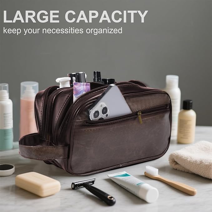 Mens travel toiletry bag, Gift For Men，PU Leather Water Resistant Cosmetic Bag Dopp Kit Shaving Pouch with Large Capacity for Toiletries Accessories(Coffee)