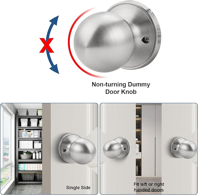 Knobonly 2 Pack Single Side Dummy Door Knob, Non-Turning Indoor Door Knob, Closet Door Knobs, Satin Nickel, Stainless Steel