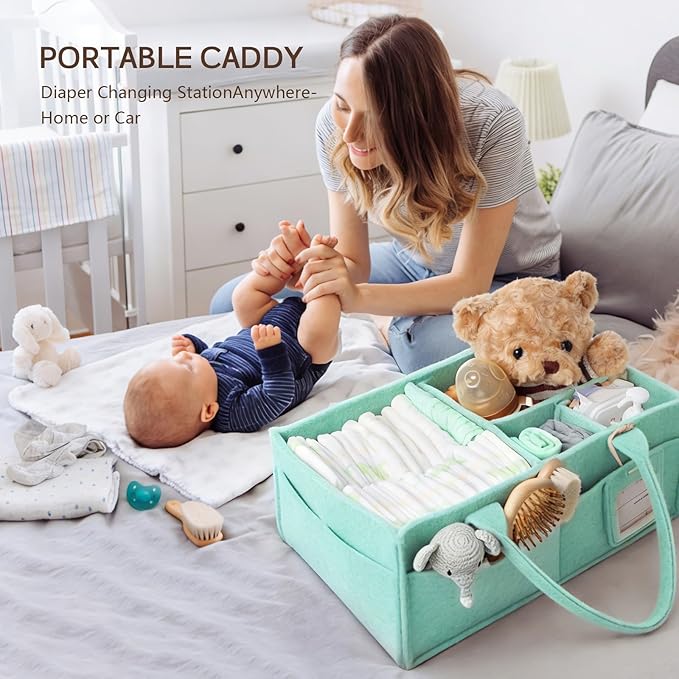 GEMII Diaper Caddy Organizer-Large Baby Caddy Organizer with Handle, Newborn Registry Essentials, Baby Shower Basket Gifts for Boys or Girls (Green, Large)