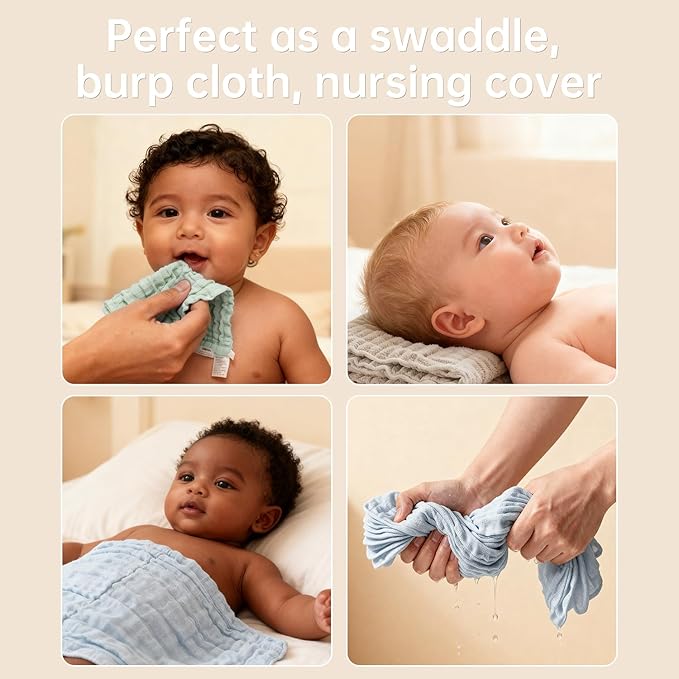 Bear Rocket Organic Muslin Baby Washcloths 6 Pack Baby Bath Face Towel 12x12 Inch Extra Absorbent and Soft Burp Cloth and Wash Cloths for Newborn-Infants On Sensitive Skin (Blue Green Brown)