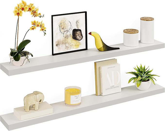 Ballucci Floating Shelves, 55" Wood Wall Shelf Set of 2, with Invisible Brackets for Bathroom, Living Room, Bedroom, Kitchen, Nursery, 6" Deep, White