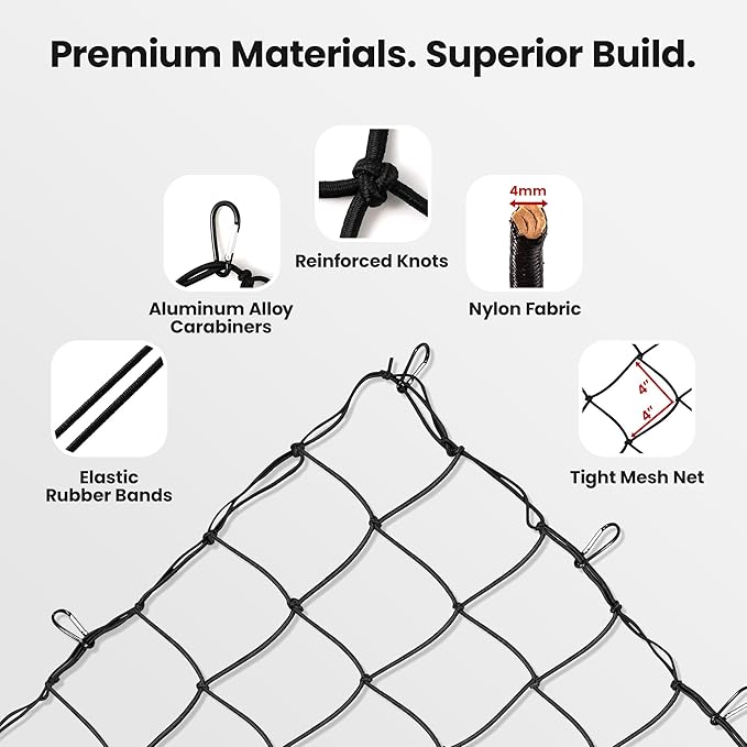 iSiMEE Cargo Net for Pickup Truck Bed, 2.6'x3.3' Stretches to 4'x6', High Elasticity 12 Carabiners & Storage Bag for SUV, Trailer & Boat