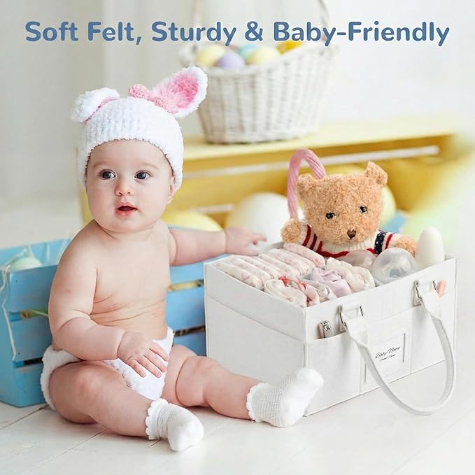 Diaper Caddy Organizer, Newborn Essetials Must Haves, Baby Registry Search and Other Baby Stuff, Collapsible Baby Basket with Handle and a Photo Frame, White, 11.8 x 6.3 x 9.0 inch