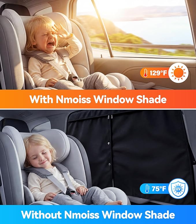 Nmoiss [2026 Upgraded] Car Window Shades for Baby [Blocks 100% UV & Harsh Sunlight] (2 Pack) Double Layer Side Window Curtains Roll Windows Down Privacy Full Covers/Half Shade Options Medium
