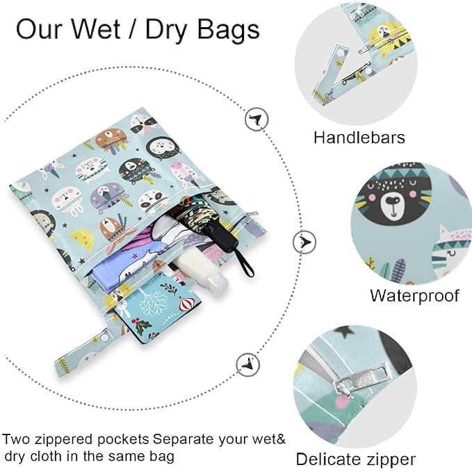 visesunny Funny Bear Unicorn Animal 2Pcs Wet Bag with Zippered Pockets Washable Reusable Roomy for Travel,Beach,Pool,Daycare,Stroller,Diapers,Dirty Gym Clothes, Wet Swimsuits, Toiletries