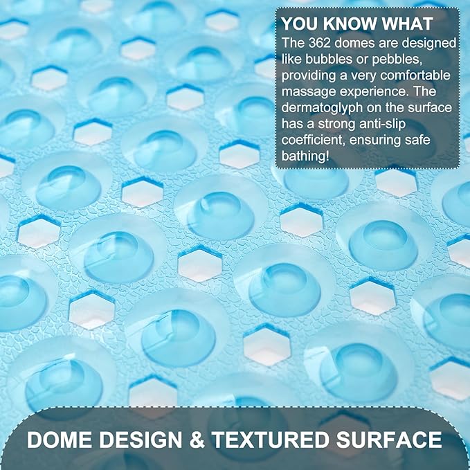 TEESHLY Bath Tub and Shower Mats, Non Slip 40 x 16 Inch Extra Large Bathtub Mat, Machine Washable Bathmat with Drain Holes, Suction Cups for Bathroom Floor, Clear Blue