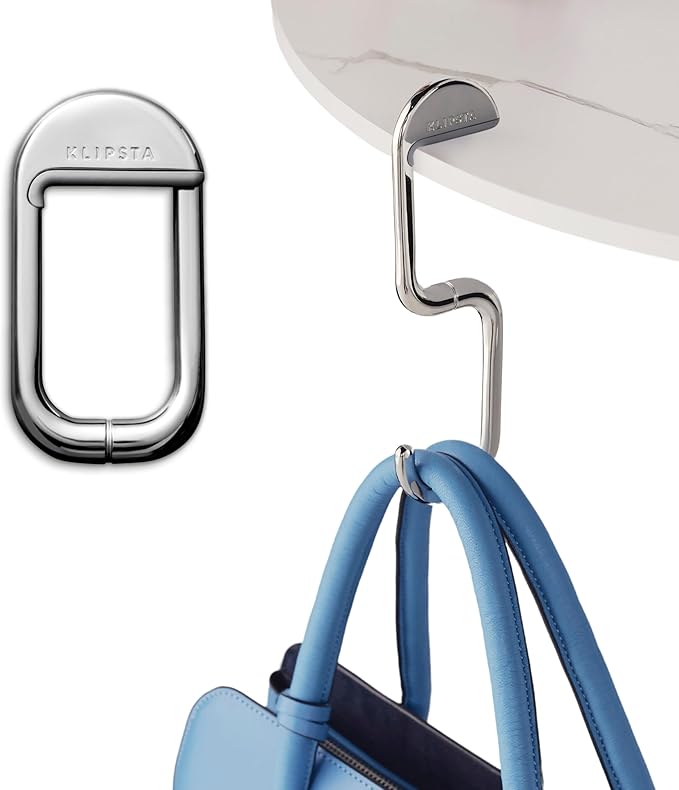 KLIPSTA FLIP Bag Hook - Newly Redesigned. Portable Purse Hanger for Table with Magnetic Closure - Now Holds up to 50 lbs. (Silver)
