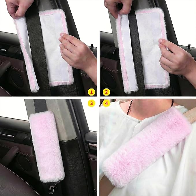 "2-Pack Soft Plush Seatbelt Covers for Kids - Comfortable Seat Belt Cushion for Newborns - Car Seat/Stroller Strap Accessories - Enhanced Driving Comfort & Protection (Baby Pink)