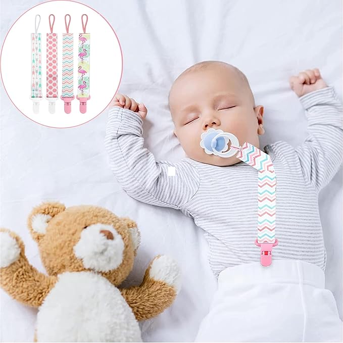 4 Pcs Baby Dummy Strap Clip, Pacifier Clip Dummy Holder Straps with 4 Silicone Adapter, Soother Chains Clips Fit All, Soothers, Teething Toys, Baby Essentials