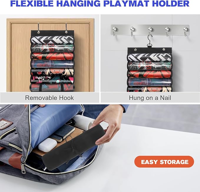 Playmat Tube Storage Bag with 6+1 Slots for MTG, TCG - Hangable Playmat Holder Over The Door,Portable Game Mat Organizer Case with XL Mesh Pockets & 2 Hooks for RPG Card Games