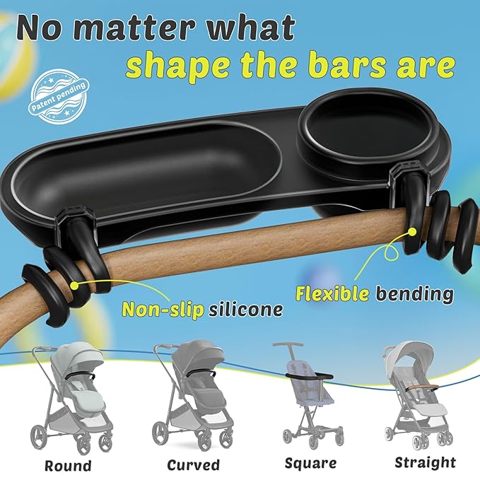Universal Snack Tray for Stroller, Cup Holder Tray with Flexible Silicone Arm Gripper, Stays in Place Tray Attachment for Toddler & Kids, Snacking On The Go, Stroller Travel Accessories, Universal Fit
