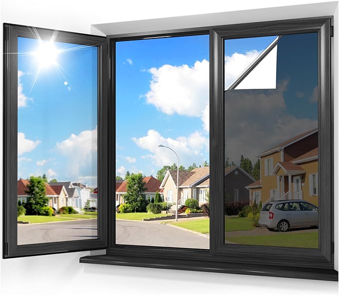 rabbitgoo One Way Window Privacy Film, Window Tint for Home, Reflective Heat Control Sun Blocking Anti UV See Out Not in Glass Door Covering Tinting Film, 17.5 in X 6.5 Feet, Black Silver