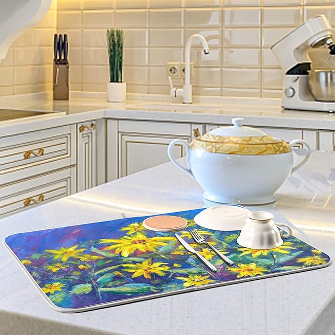 Absorbent Dish Drying Mat for Kitchen Counter - Oil Painting Flowers Microfiber Drying Pad, Reversible Drainer Mats for Countertop, Small 16" x 18"
