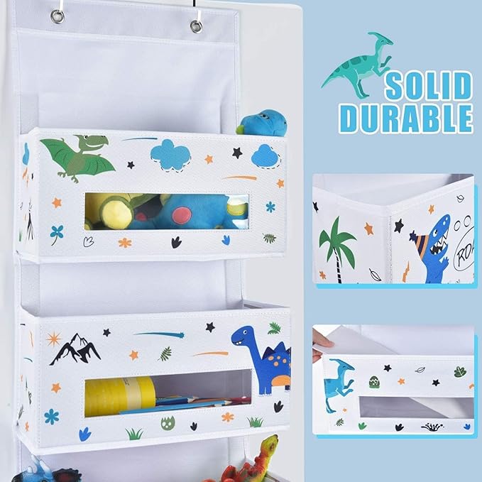 WERNNSAI Dinosaur Over Door Hanging Organizer - Behind Door Storage with 4 Clear Window Pockets for Baby Boys Room Organization Toy Diaper Closet Pantry Bedroom Bathroom Nursery Decor
