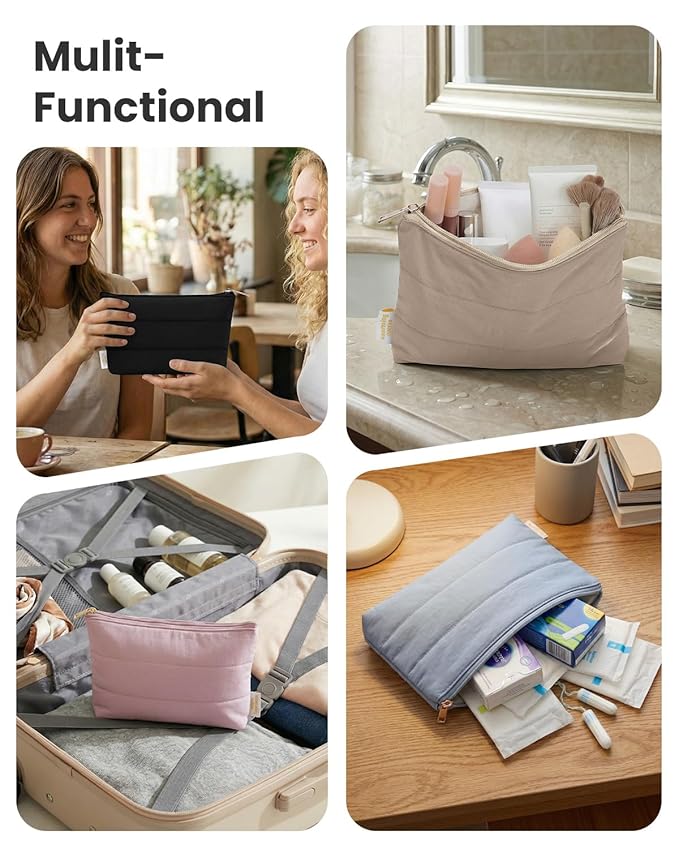 Wandering Nature Small Makeup Bag 2 Pack Cosmetic Bag for Purse, Puffer Quilted Makeup Pouch, Cute Travel Pouch with Zipper for Women, Black