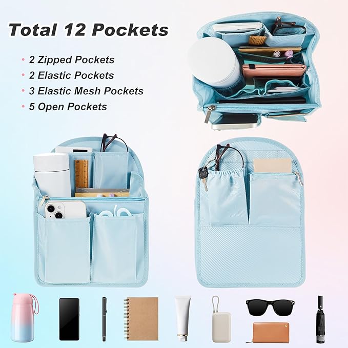 Dansydaisy Mini Backpack Organizer Insert Waterproof Purse Insert Nylon Bag Organizer with Many Pockets for Men and Women, Fits Small Backpacks
