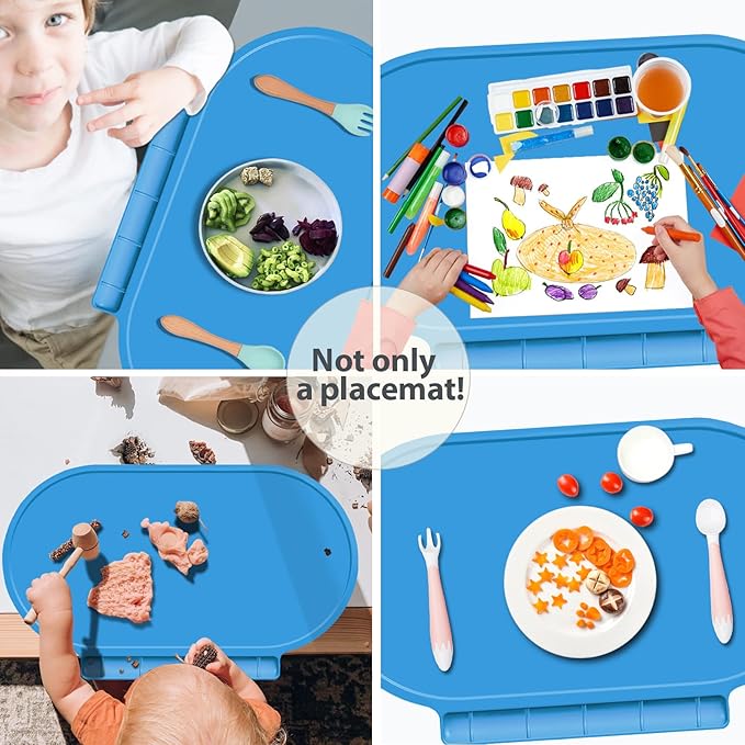Silicone Placemat for Baby, Silicone Baby Toddlers Non-Slip Tablemats Stain Resistant Anti-Skid Reusable Dishwasher Safe Table Mats, Portable Food Mat Travel (Blue/Purple)