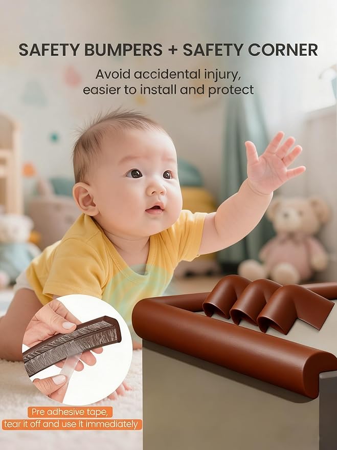 QYV Baby Proof Edge Corner Protector, 16.4FT 0.47''Th L-Shape Furniture Corner & Edge Safety Bumpers with 10 Corners, Pre-Taped, Soft NBR Rubber Foam Desk Edge Cushion Wall Corner Protector (Brown)