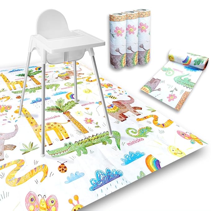 Disposable Splat Mats | 30 Pcs Disposable and Waterproof Splash Mats | Under Highchair Splat Mat for Floor | BLW Baby Led Weaning Supplies | Splash Mat 40"x47" | Colorful Animal Print