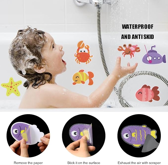 Secopad Non Slip Bathtub Stickers, 20pcs Submarine Sea Creature Adhesive Kids Anti Slip Decal Treads for Shower and Bath Tub with Premium Scraper
