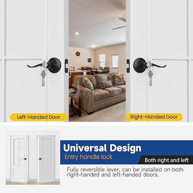 Keyed Entry Door Lever, Door Handle with Lock and Key, Exterior ＆ Interior Door Handle for Bedroom, Wave Style Lever Matte Black, Reversible for Left/Right 2 Pack