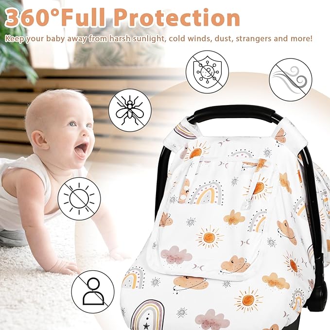 Car Seat Cover Baby, Anti-Kick Carseat Covers Baby Girl, Warm Minky Infant Car Seat Canopy with Mesh Window, Multi-Use Cover Protecting Baby from Wind, Sun, Strangers, White Rainbow